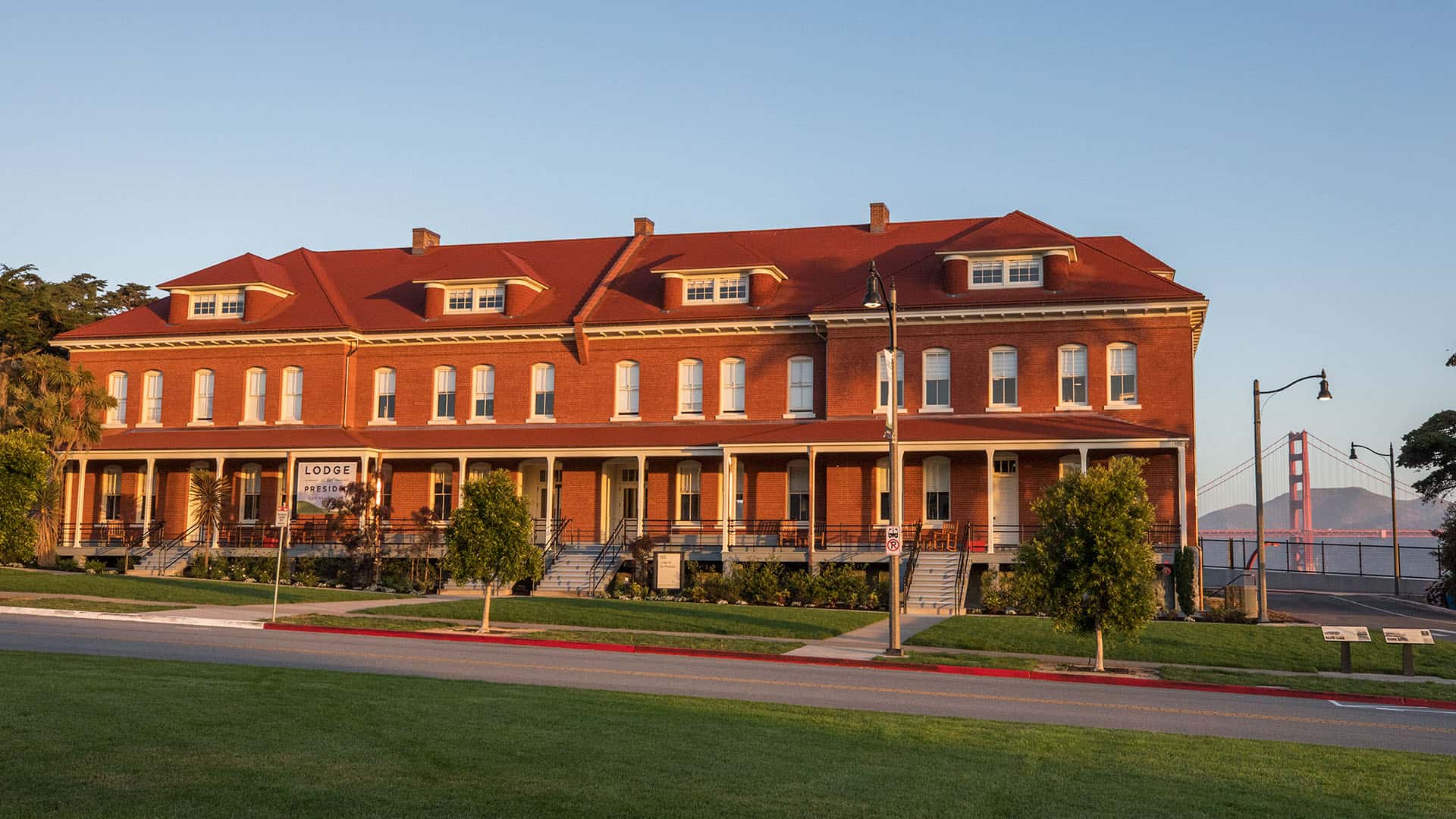 Lodge at the Presidio At Dusk With The Golden Gate Bridge